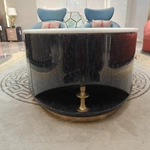 Two-Tone Oval Coffee Table with White Marble Top, High-Gloss Panels and Metal Base